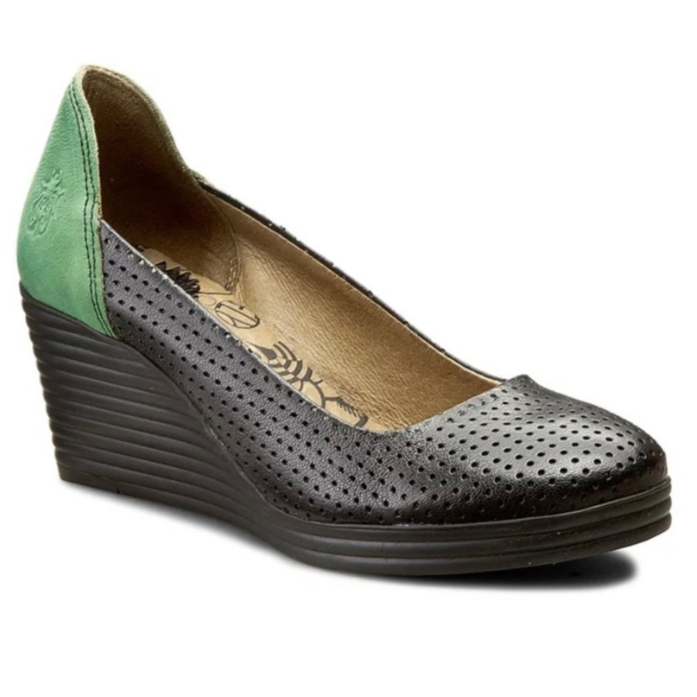 Fly London Women's Black & Olive Green Round Toe Wedge Slip On Shoes Sz 37 EU